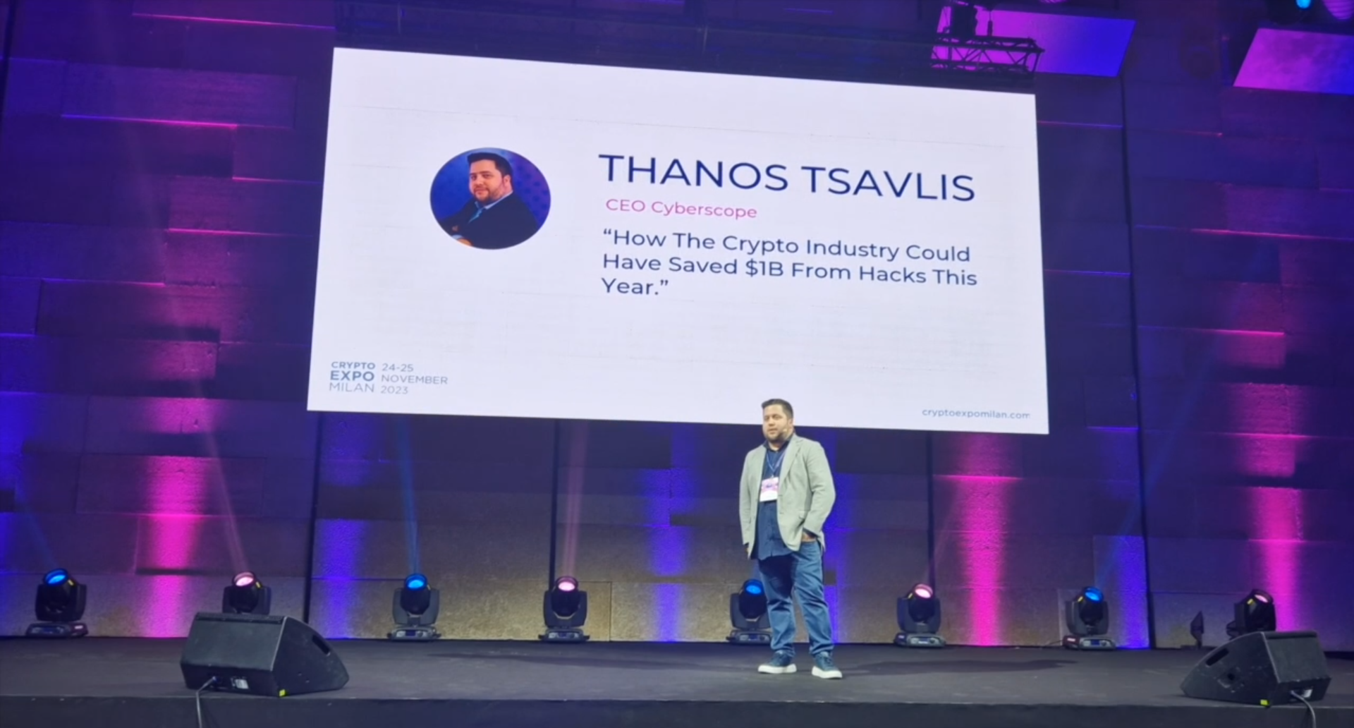 Thanos Tsavlis speech, titled "How the Crypto Industry Could Have Saved $1B from Hacks This Year." 